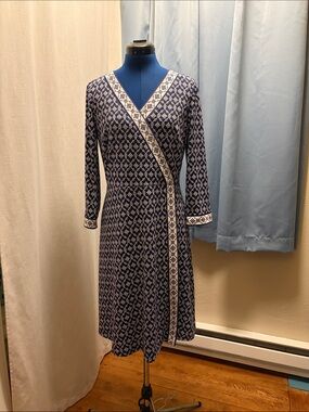 Talbots Navy & White Geometric Wrap-Style Long Sleeve Dress